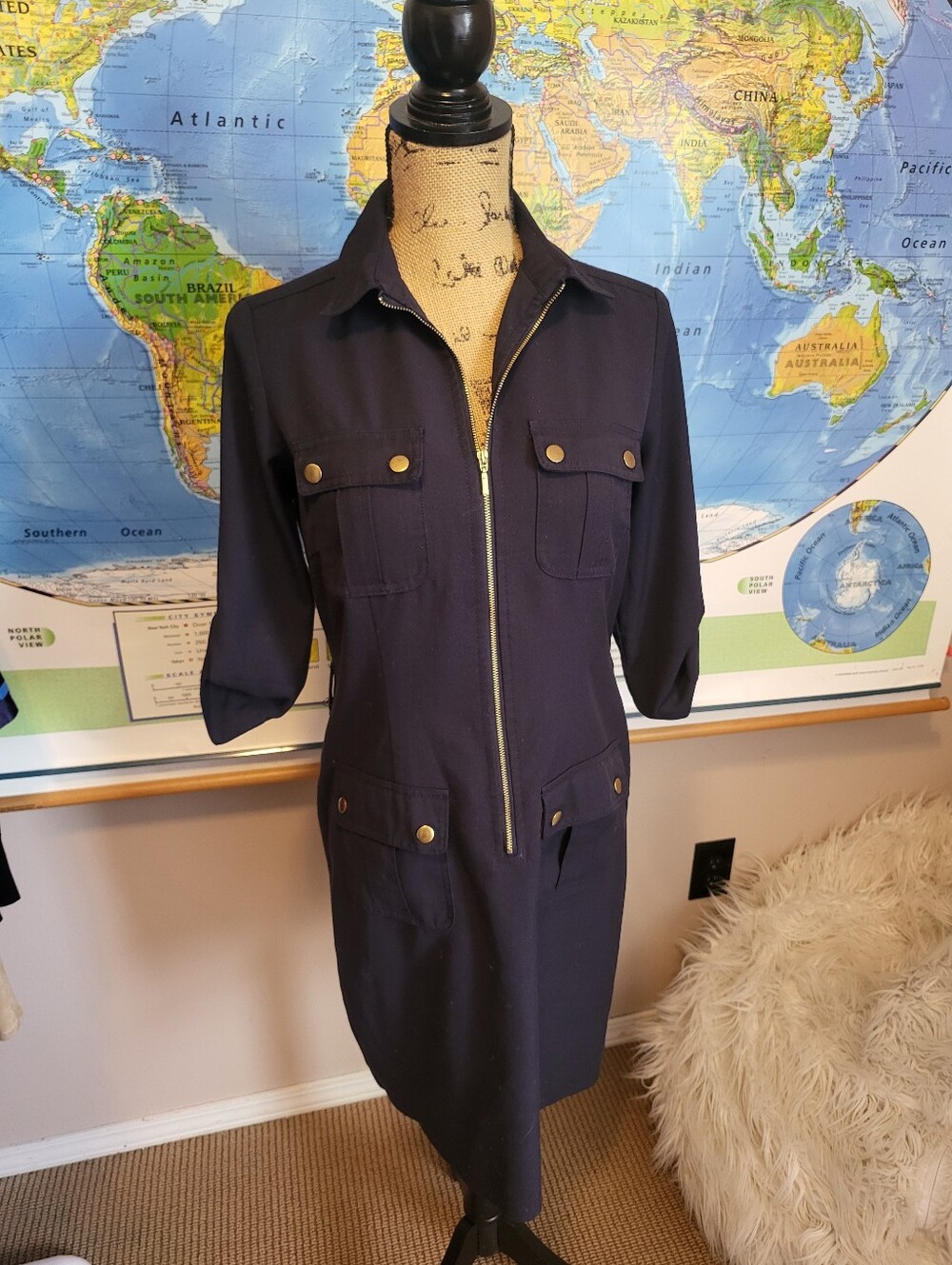 Sharagano Navy Utility Zip-Front Jacket Dress, Size 8P